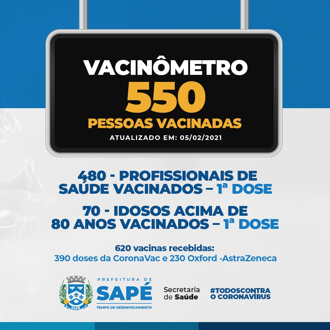 Prefeitura de Sapé vacinou 550 pessoas e aguarda mais doses para seguir plano de imunização contra covid-19
