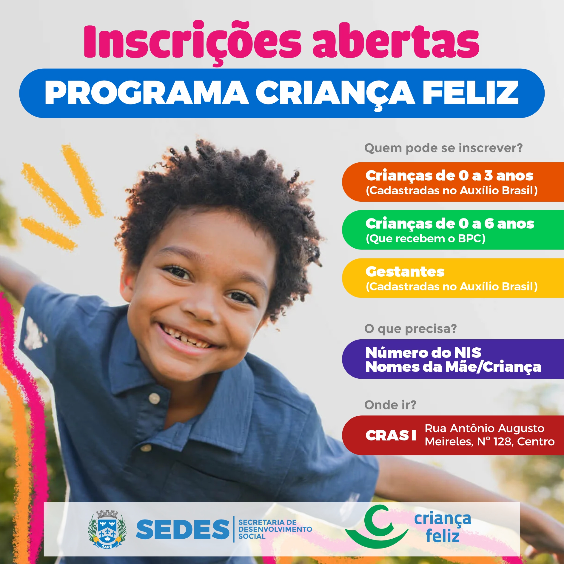 Prefeitura de Sapé realiza inscrições para Programa Criança Feliz