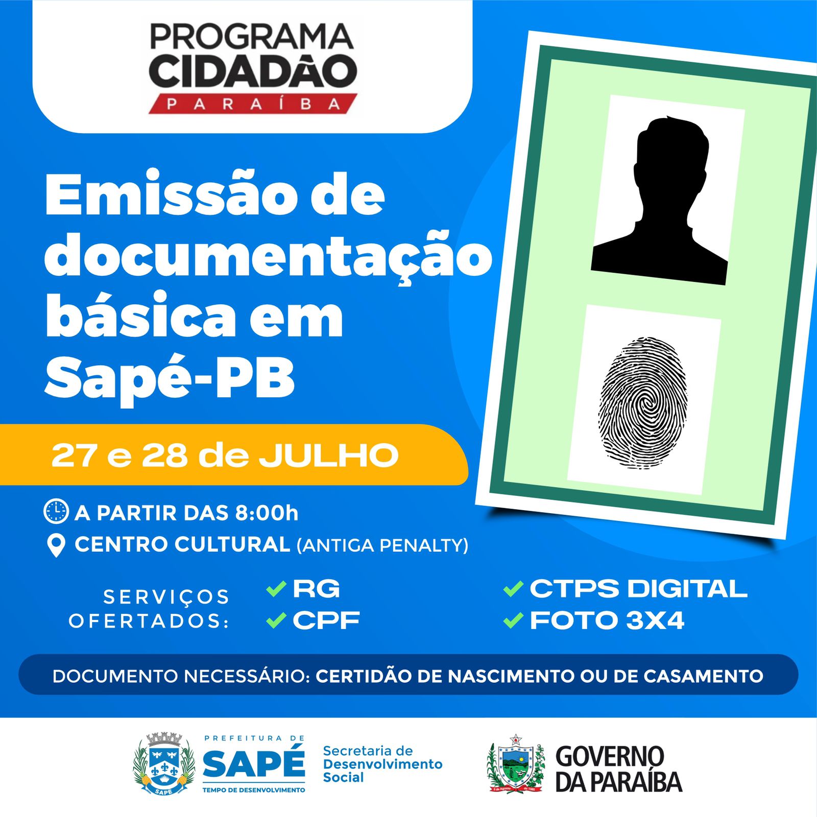 Programa Cidadão emite documentos gratuitamente na próxima semana em Sapé