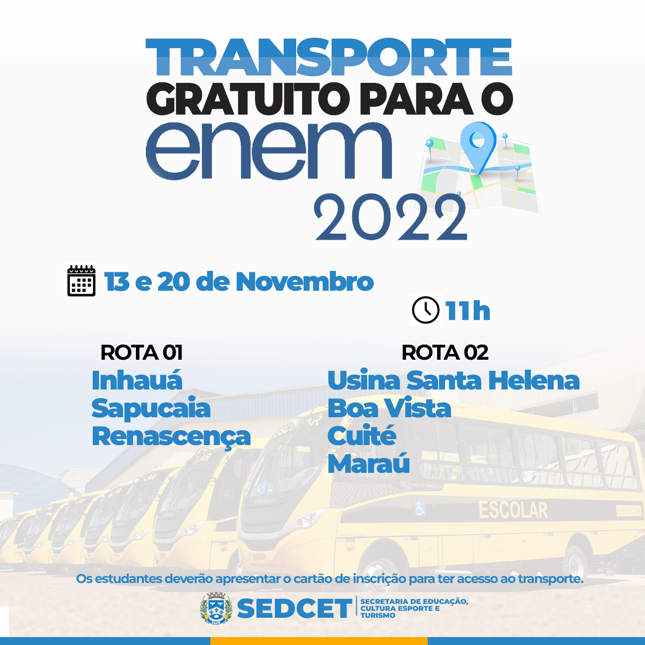 Prefeitura de Sapé disponibiliza ônibus gratuito para inscritos no Enem 2022