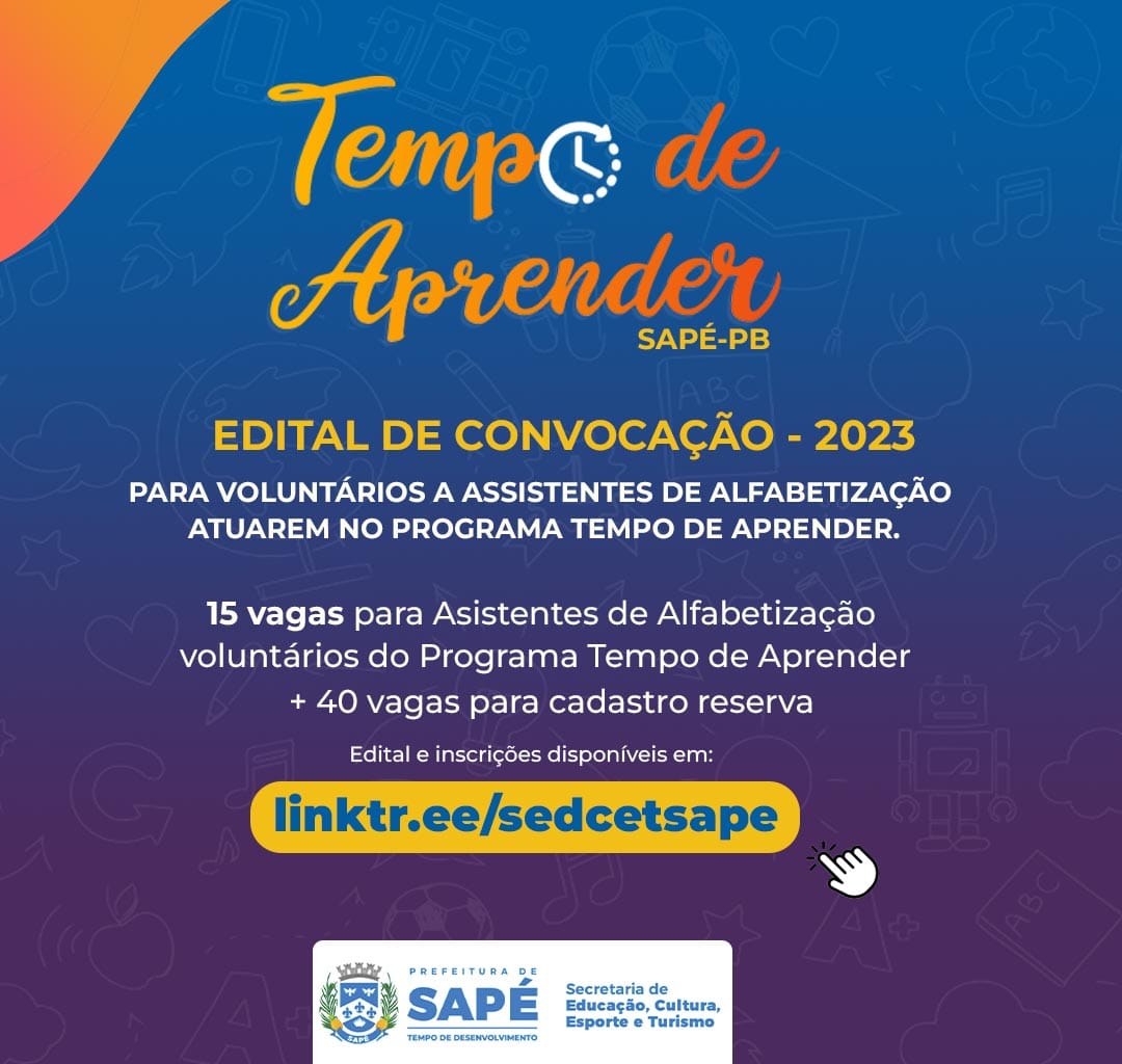 Prefeitura de Sapé abre edital para o programa Tempo de Aprender