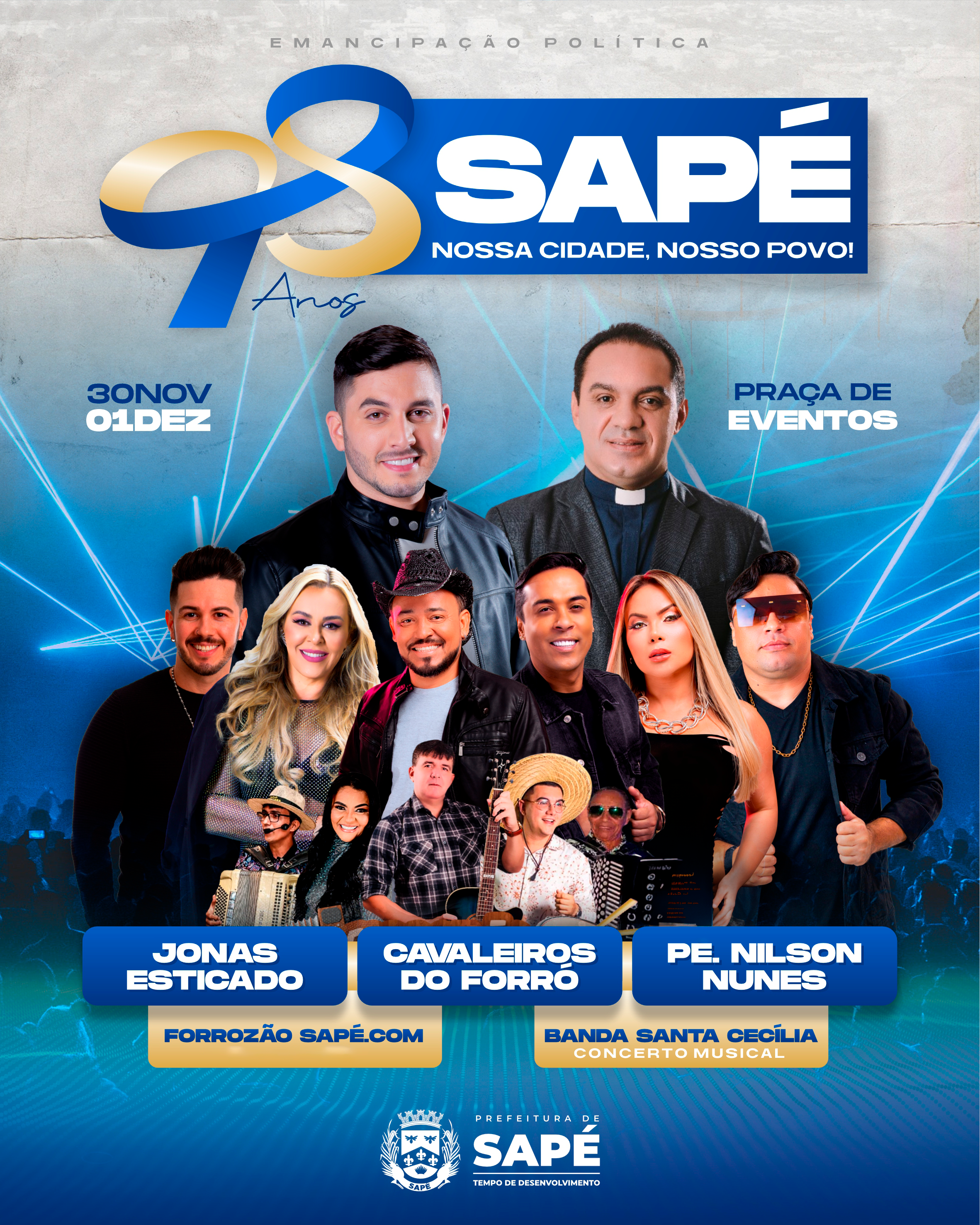 Aniversário de Sapé terá Jonas Esticado, Cavaleiros do Forró e Padre Nilson Nunes